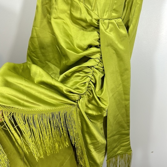 PrettyLittle Thing Olive Satin Bardot Tassel Hem Draped Midi Dress Satin Formal - Picture 8 of 16